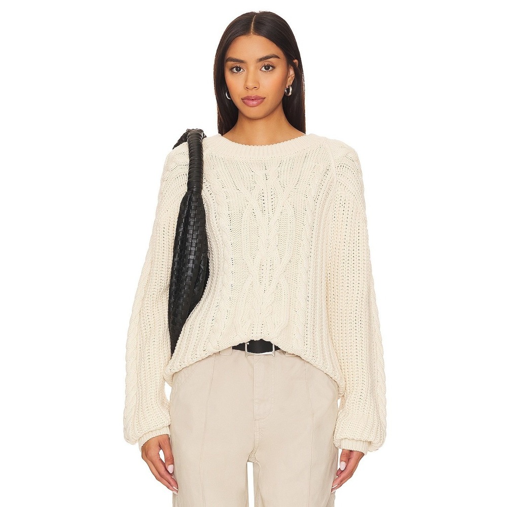 Free People Womens Cream Cable Knit Cotton Crew Neck Sweater Large Ivory